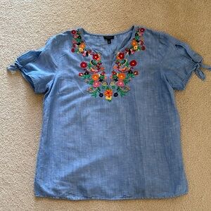 Talbots Blue Blouse with Colorful Embroidery